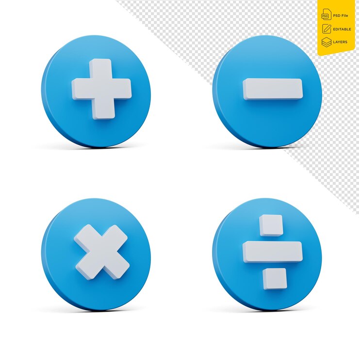 PSD 3d-plus-minus-multiplikations- und divisionszeichen mit blauen knöpfen auf weißem hintergrund 3d-illustration