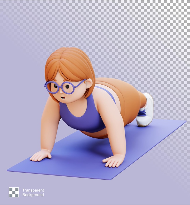 PSD 3d plus size overweight woman doing push ups on a mat