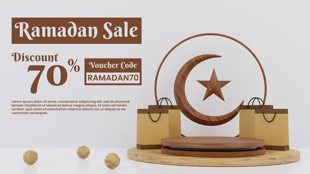 PSD 3d podium ramadan vente avec sac en papier paysage d'objets