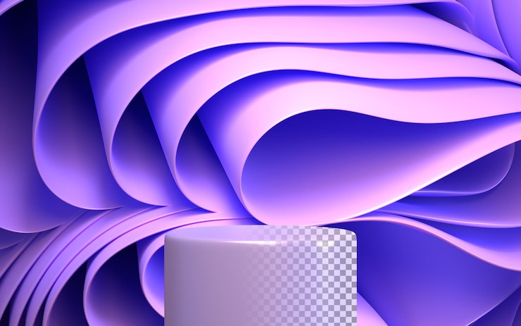 PSD 3d-podiumsdisplay mit gefalteten bändern auf abstraktem, violettem, geschichtetem hintergrund. nachbildung eines leeren bühnensockels mit gewelltem stoff oder papier für die präsentation von schönheitskosmetikprodukten, banner 3d-illustration