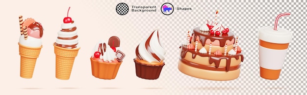 3d postres de fiesta de cumpleaños conjunto pastel de chocolate con vela dulce pastel de taza con crema y helado de cereza taza de bebida de papel de dibujos animados aislados para el menú de panadería o cafetería