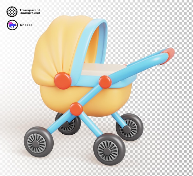 3d poussette de bébé icône de rendu de dessin animé Cute chariot jaune bleu pour nouveau-né enfant enfant berceau pour bébé isolé sur fond blanc Transport pour les tout-petits maternité