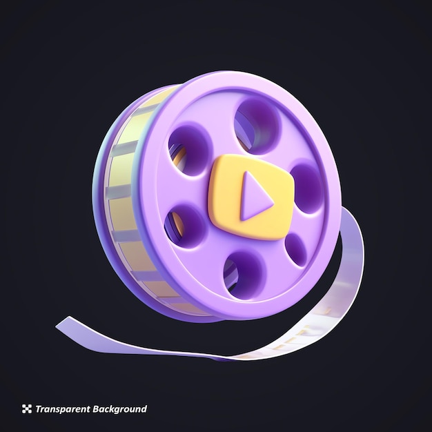 3D Purple Film Reel con pulsante di riproduzione su sfondo trasparente