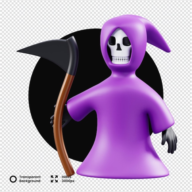 3D Purple Grim Reaper con la falce per Halloween
