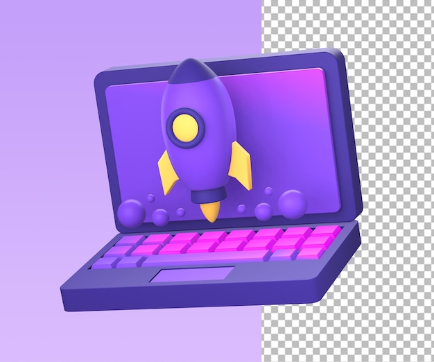 3d purple illustration icon of laptop with spaceship or spacecraft rocket side for ui ux design