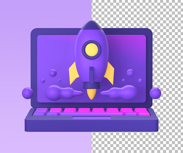 3d purple illustration icon of simple laptop with spaceship or spacecraft rocket for ui ux design