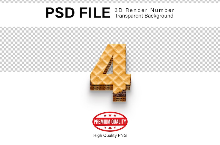 PSD 3d quatre numéro 4 wafer biscuit rendu isolé sur un fond transparent