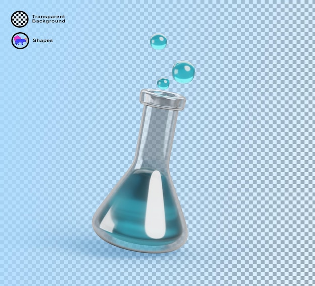 3d química vidro erlenmeyer frasco com substância líquida azul e bolhas no ar Laboratório copo cônico com reação química Equipamento de teste de laboratório ciência vidro render ícone