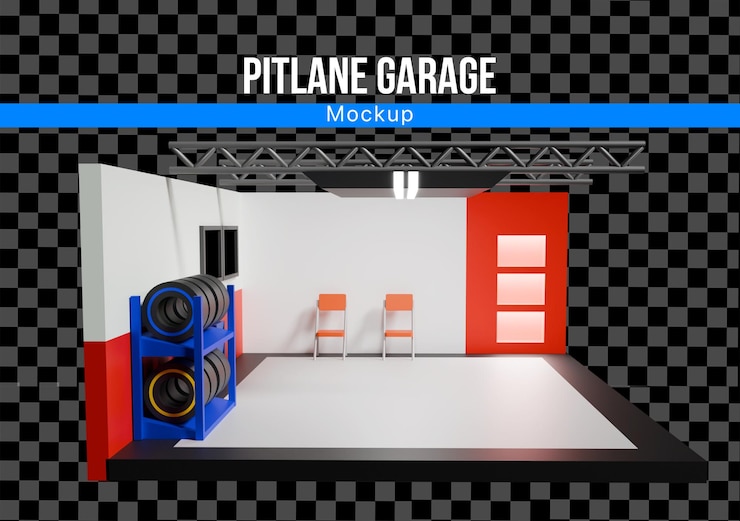 PSD 3d race car garage pitlane with tire and seat mockup