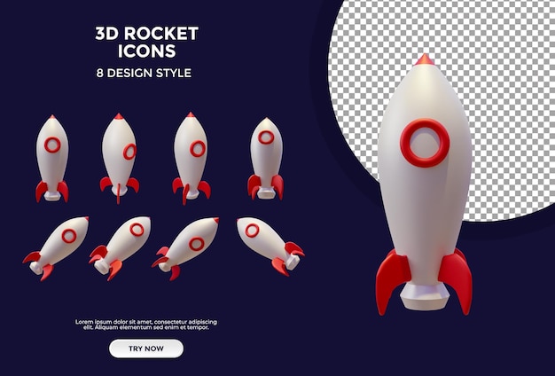 PSD 3d-raketen-icon-sammlung 8 verschiedene stile