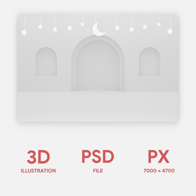 PSD 3d ramadã ornamento branco fundo islâmico com estrelas e cor branca crescente