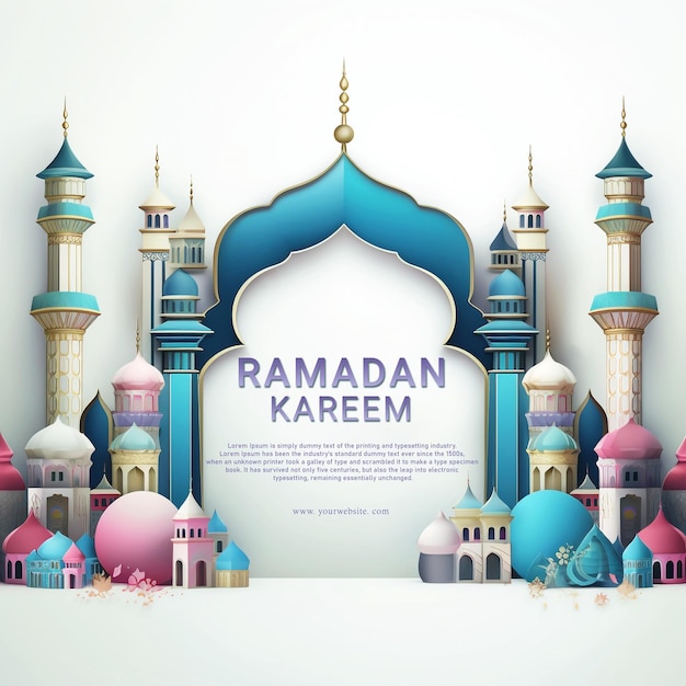 3D-Ramadan Kareem Banner-Design-Vorlage mit bunter Moschee