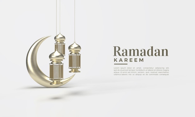 3D Ramadan Kareem mit hängenden Lichtern und einem goldenen Mond