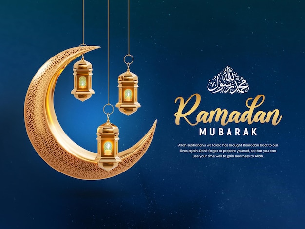 3d ramadan kareem plantilla de bandera social con media luna y linternas islámicas