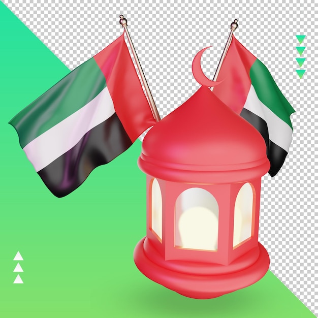 3D-Ramadan-Laterne Flagge der Vereinigten Arabischen Emirate, die die rechte Ansicht wiedergibt