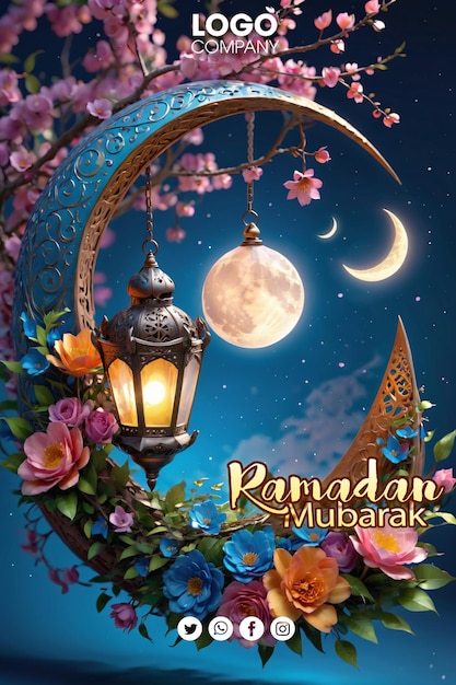 PSD 3d-ramadan-nachtbanner schöne laterne, die auf dem hintergrund der galaxie mit glühendem licht angezeigt wird