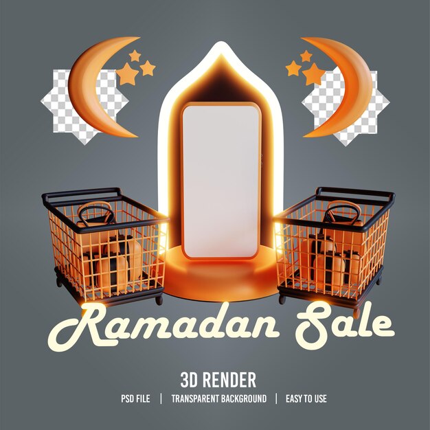PSD 3d ramadán neón ilustración teléfono carrito de compras luna estrella y caja de regalo objeto
