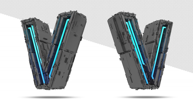 3d-raumschiff-alphabet mit neonlichteffekt