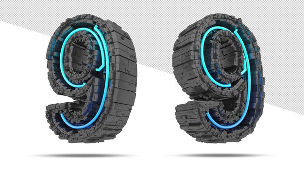 3d raumschiffnummer mit neonlichteffekt