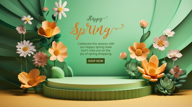 PSD 3d realista estilo de papel de primavera feliz modelo de fundo de pódio floral