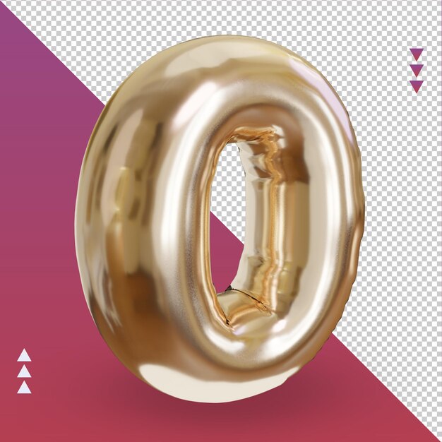 3d realista letra 0 globo de lámina de oro vista izquierda