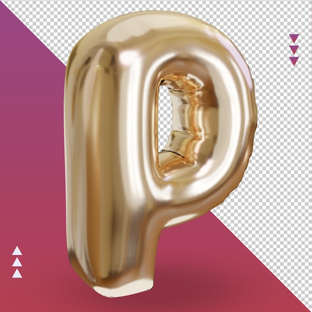 PSD 3d realista letra p globo de lámina de oro vista izquierda