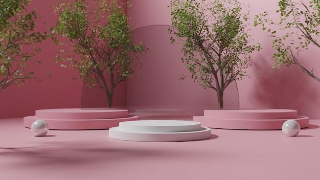 3D realista rende pódio branco em fundo rosa com estilo minimalista