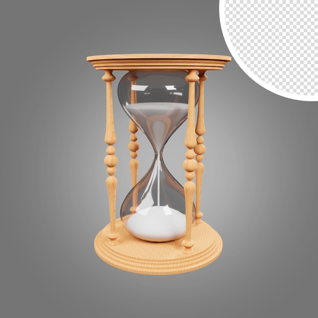 3D realistische Sanduhr mit fließendem Sand im Inneren, isoliert auf dunklem transparentem Hintergrund