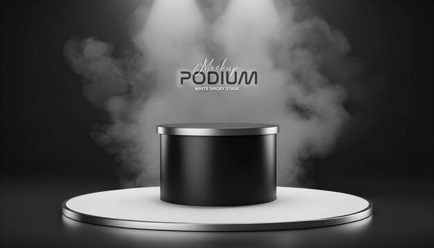 3D-realistische weiße und schwarze metallische moderne Zylinder-Podium-Bühne-Mockup auf weißem rauchigen Hintergrund