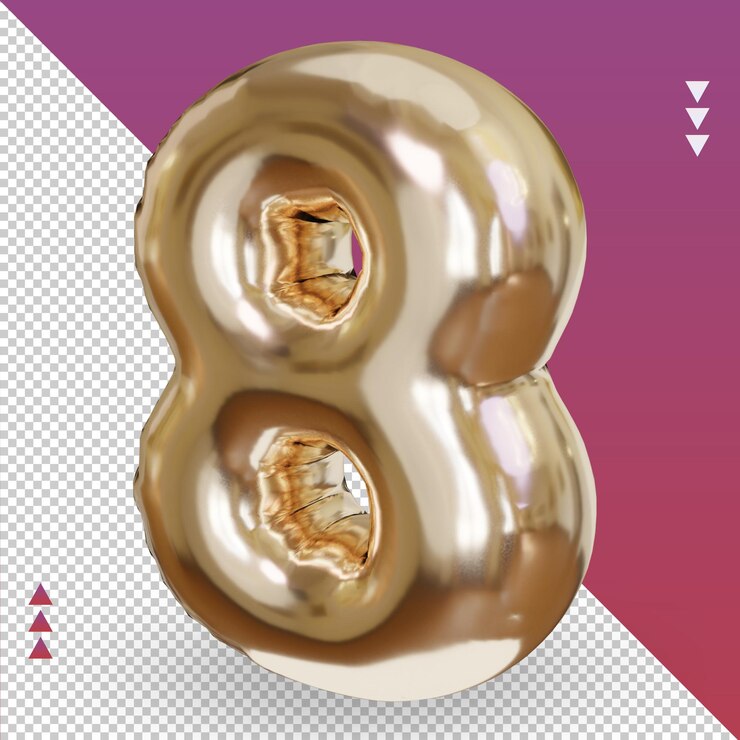 PSD 3d realistischer buchstabe 8 goldfolienballon rechte ansicht