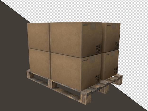 PSD 3d realstic render de paletas de madera con cajas