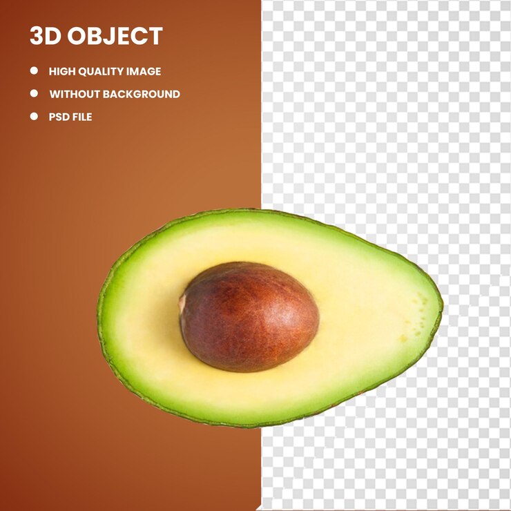 PSD 3d rebanada de aguacate y aguacate comida de fruta y aguacate y fruta nuez y superalimento