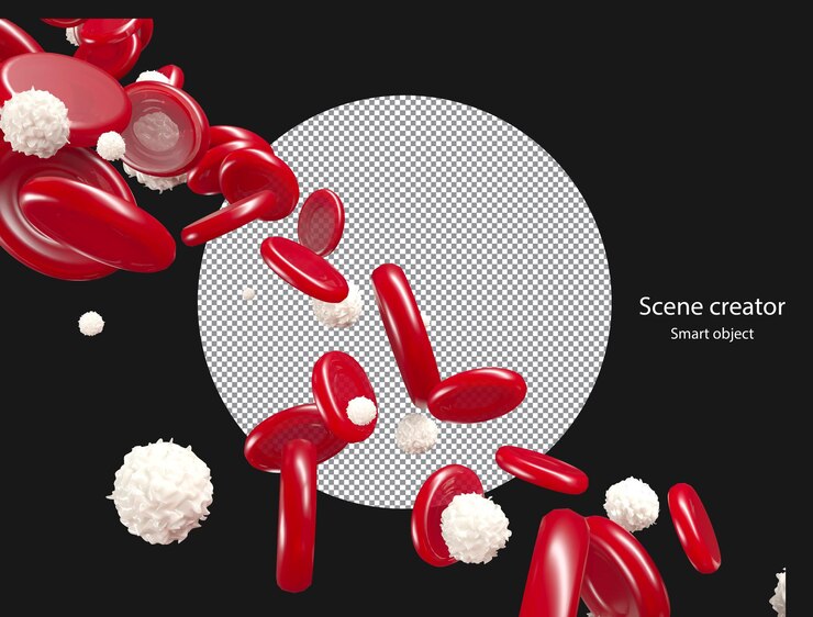 PSD 3d red blood cells and white blood cells flowing through vein clipping path