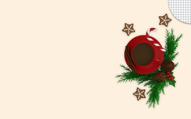 3d Red Cup heißer Kakao mit Zimtstangenkeksen und Weihnachtsschmuck