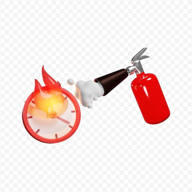 PSD 3d red fire extinguisher extinguishes the clock on fire deadline concept time management
