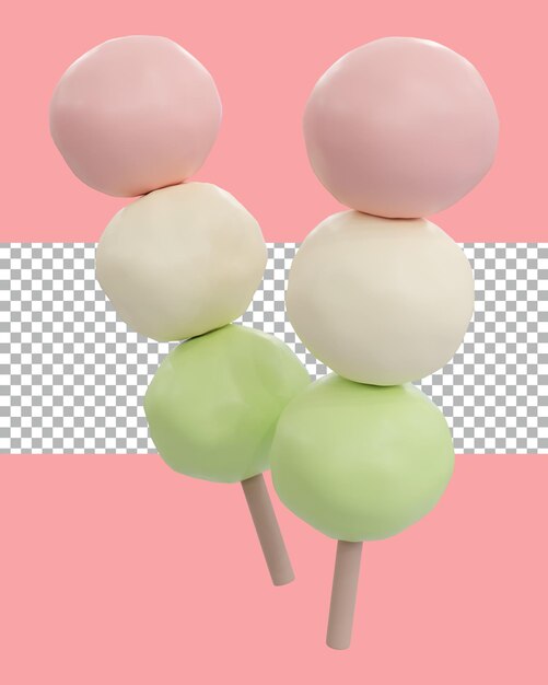 PSD 3d rendant deux brochettes de dango de couleur pastel rose blanc et vert transparent