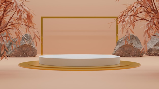 3D rende il podio bianco di bellezza con sfondo color pastello arancione per la pubblicità del prodotto