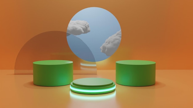 3D rende il podio verde con luce e nuvole