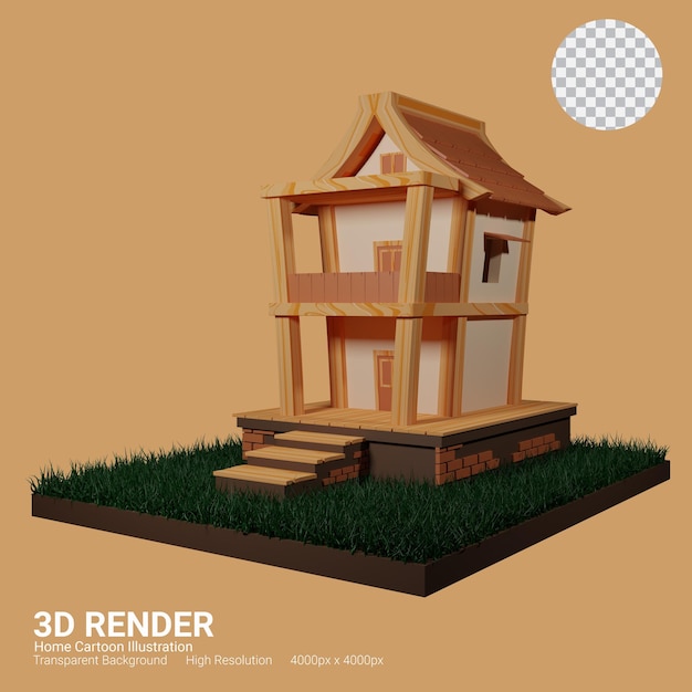 PSD 3d rendem a ilustração da casa com grama e textura de madeira