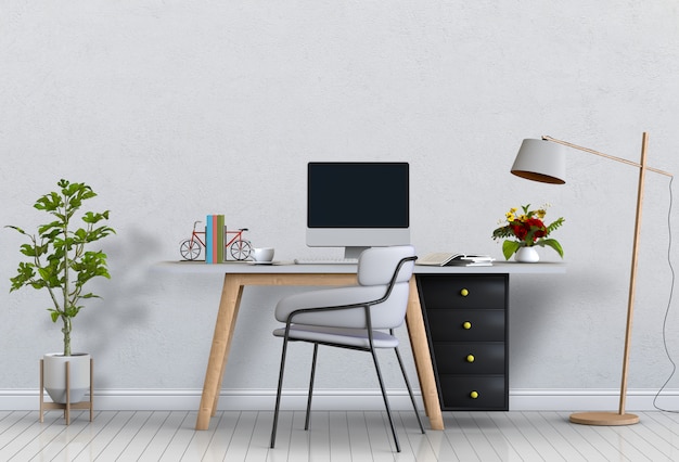 3D rendem do espaço de trabalho moderno interior da sala de estar com mesa e computador de mesa