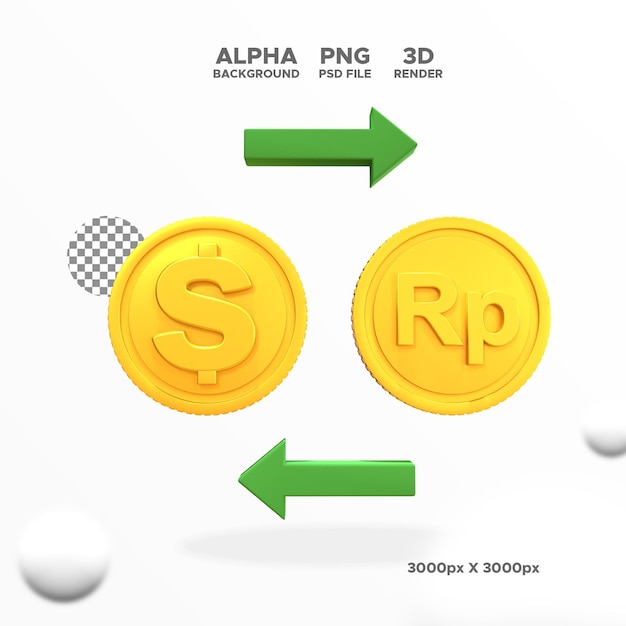 3d rendem dólares de troca de moedas para ícone de rupia para objeto isolado de ilustração de design