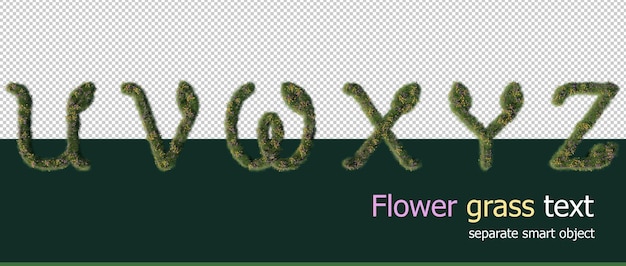 PSD 3d rendem letras do alfabeto da grama da flor ajustada de u a z