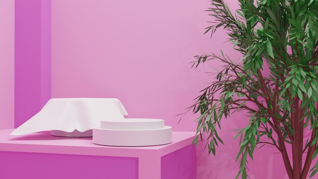 PSD 3d rendem pódio branco em fundo rosa com árvore