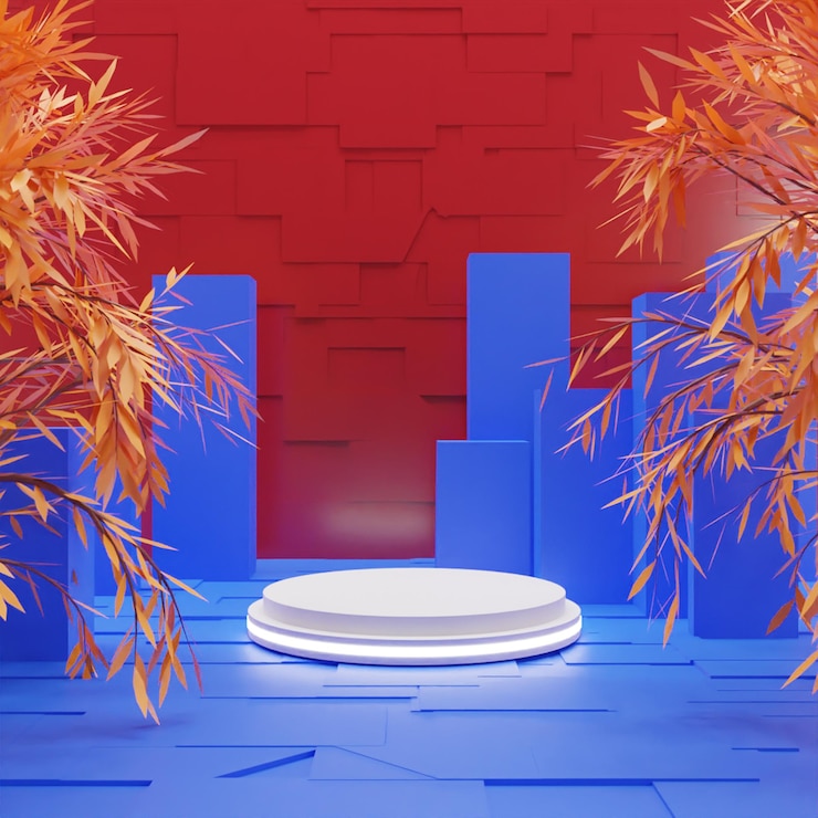 PSD 3d rendem pódio branco sobre fundo vermelho com árvore de alta qualidade