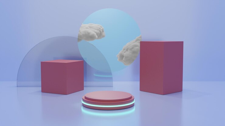 PSD 3d rendem pódio rosa com luz e nuvem