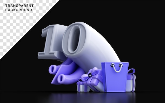 3d render 10 por ciento número de descuento con bolsa de compras ang caja de regalo para banner de venta en línea