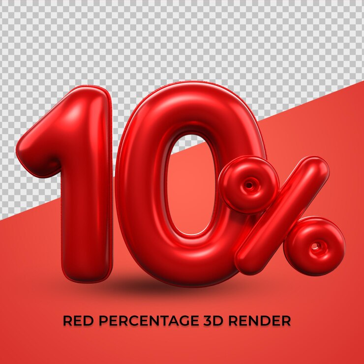 3d render 10 porcentaje número color rojo para venta descuento, progreso