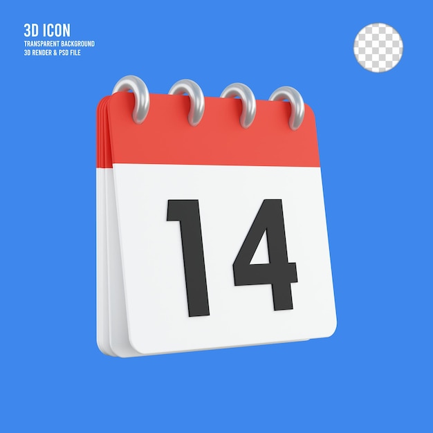 3d render 14 en el icono de calendario fondo transparente