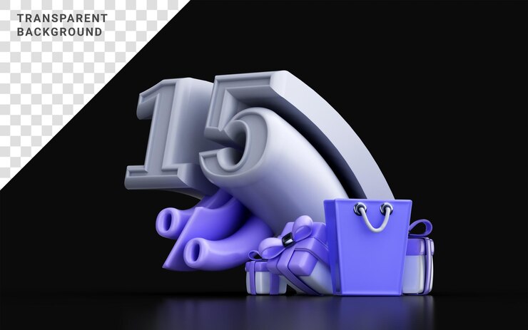 PSD 3d render 15 por ciento número de descuento con bolsa de compras ang caja de regalo para banner de venta en línea