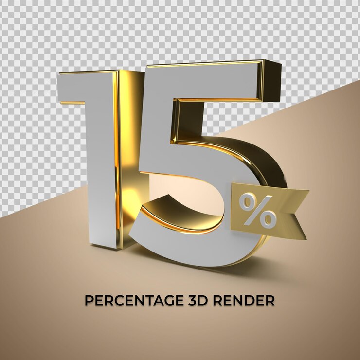 PSD 3d render 15 percentage gold style for discount sale promo product element